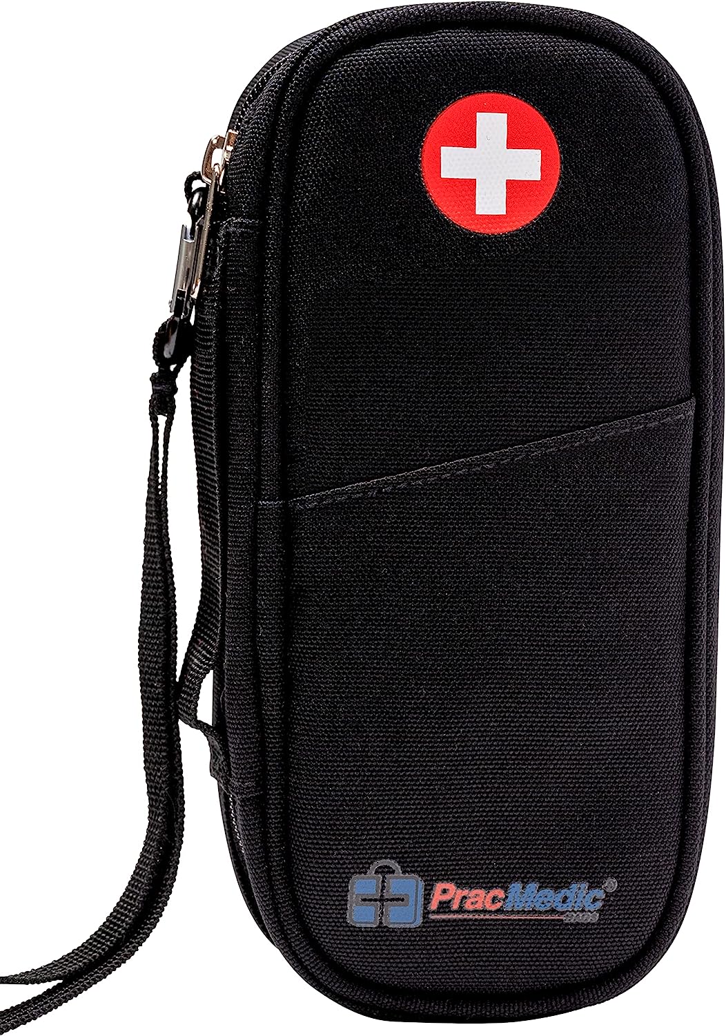 PracMedic Bags black insulated epipen carry case with red medical cross logo, front pocket, reinforced zipper, and wrist strap.