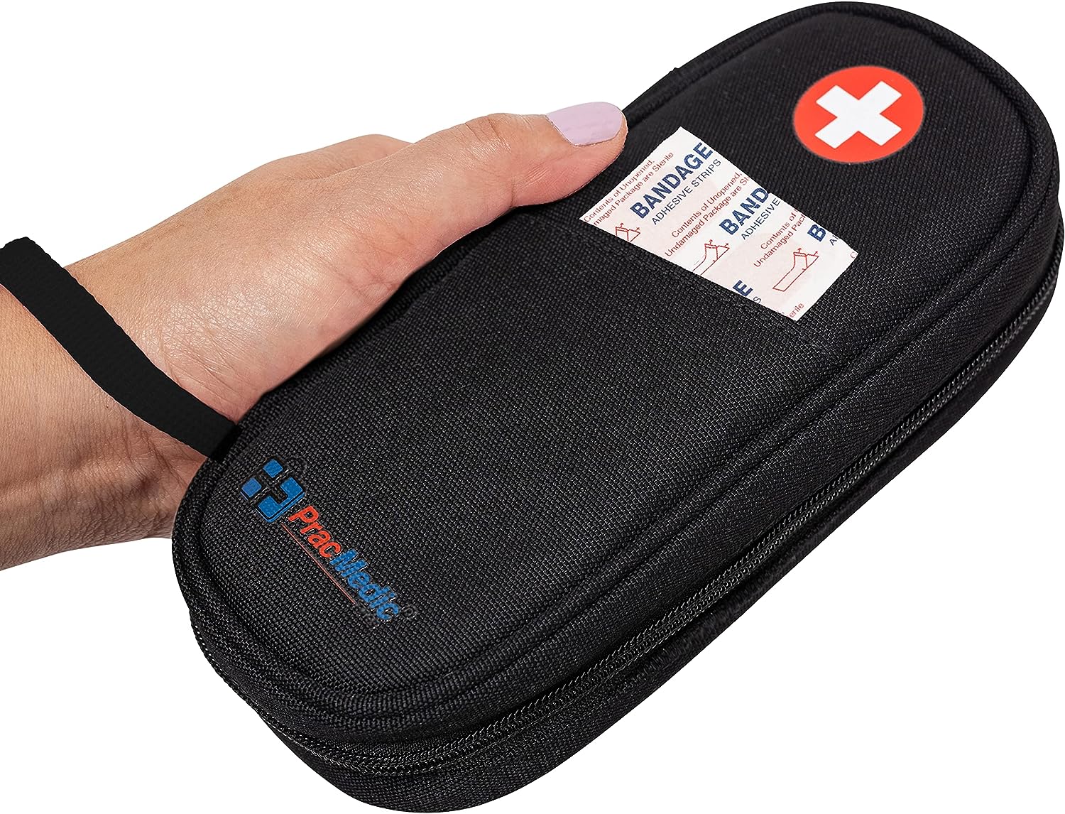 Hand holding a black PracMedic Bags epipen case with wrist strap, front pocket containing adhesive bandages, and a red medical cross symbol.