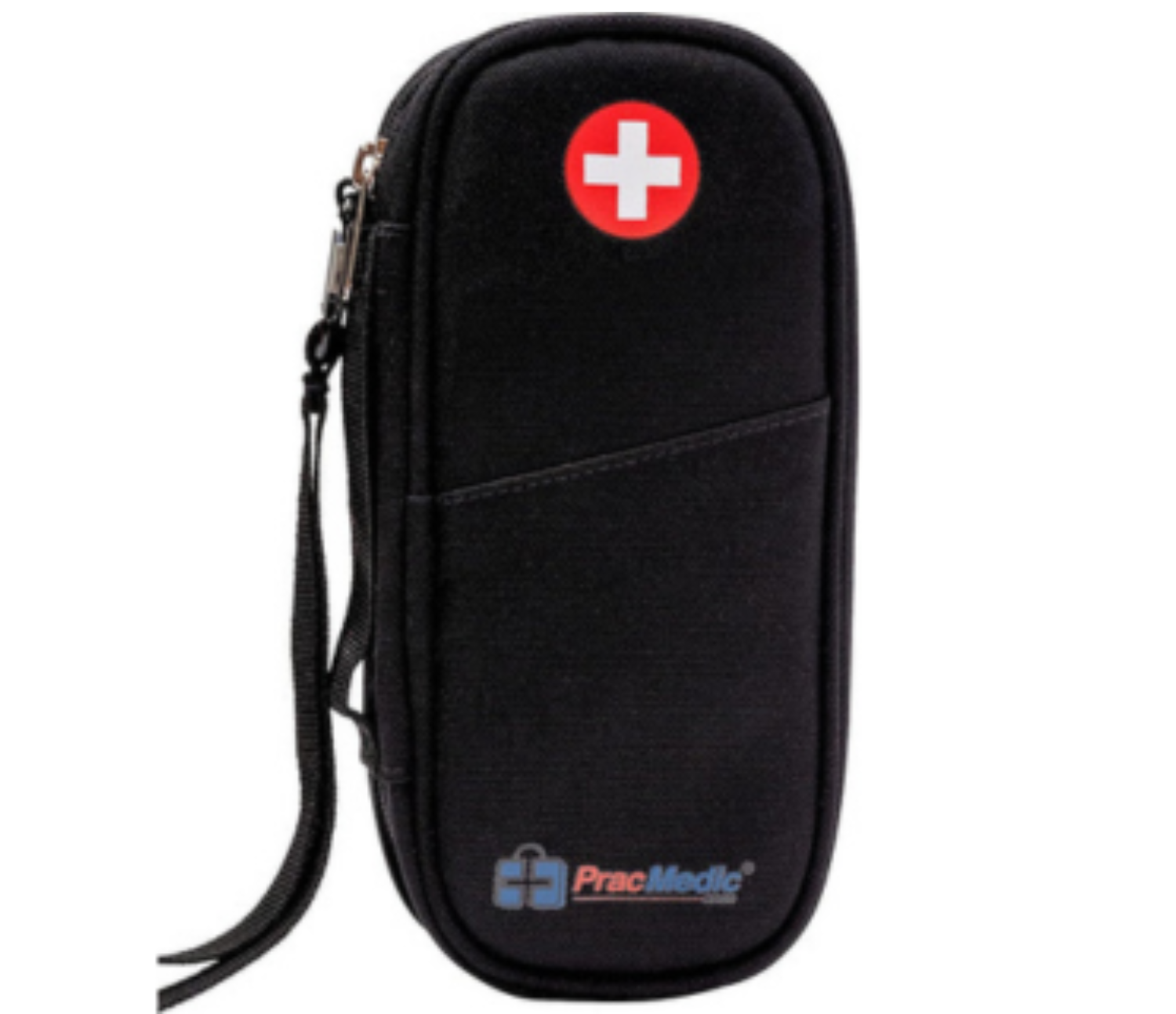 PracMedic Bags black EpiPen case with wrist strap, front pocket, and white cross, designed for safe allergy medication storage.