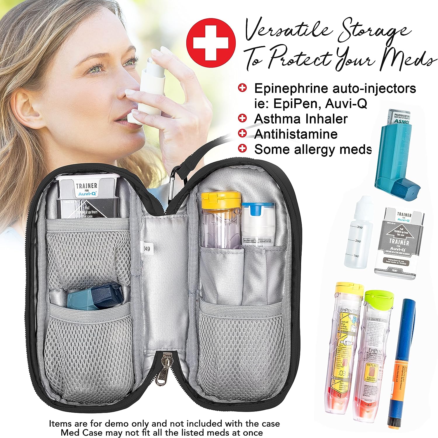 Woman using asthma inhaler beside open PracMedic Bags medicine case with mesh pockets, holding EpiPens, Auvi-Q, inhaler, antihistamines, and allergy medications