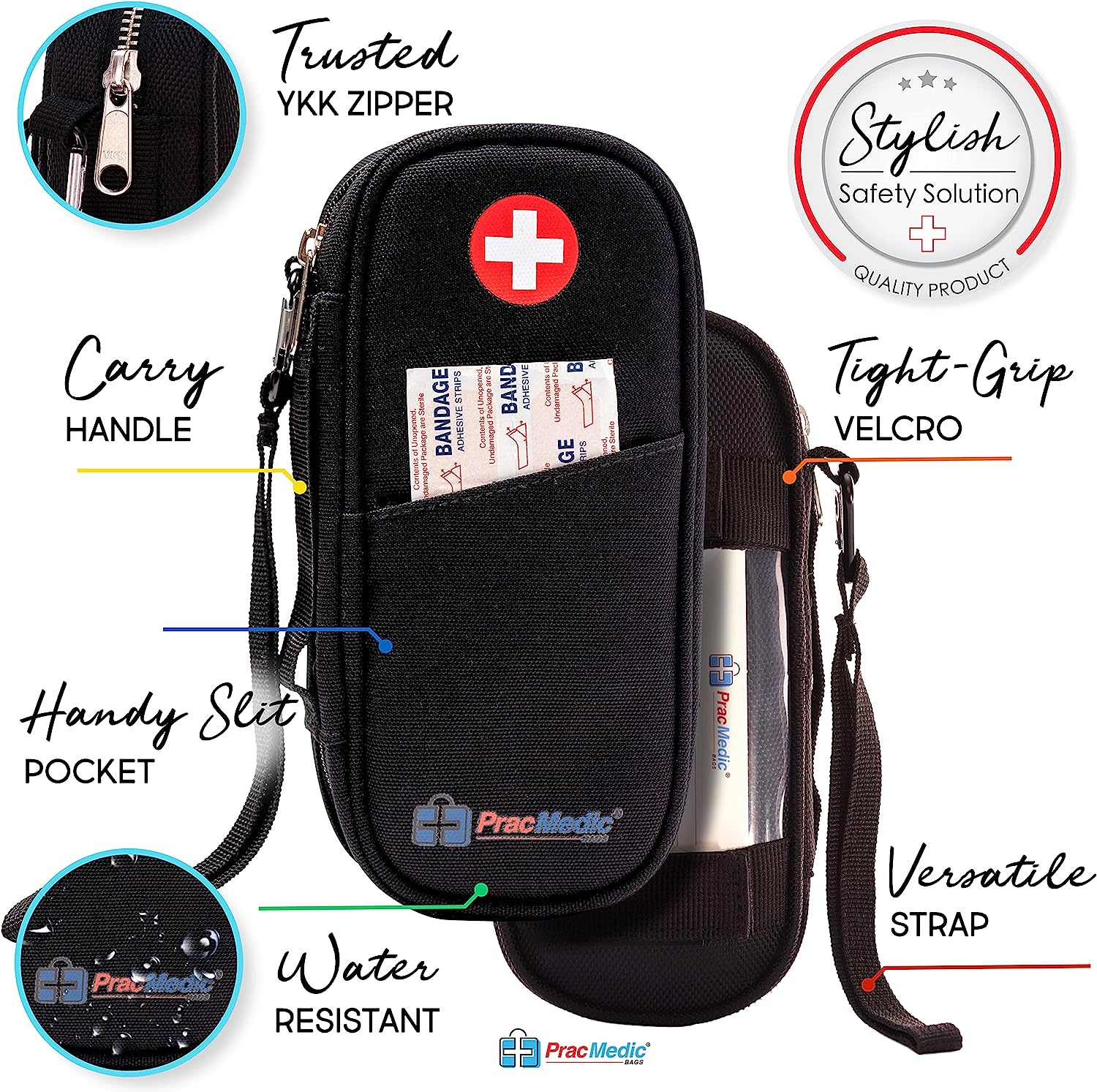 PracMedic Bags black epipen case with carry handle, handy slit pocket, tight-grip Velcro, versatile strap, water-resistant fabric, and trusted YKK zipper.