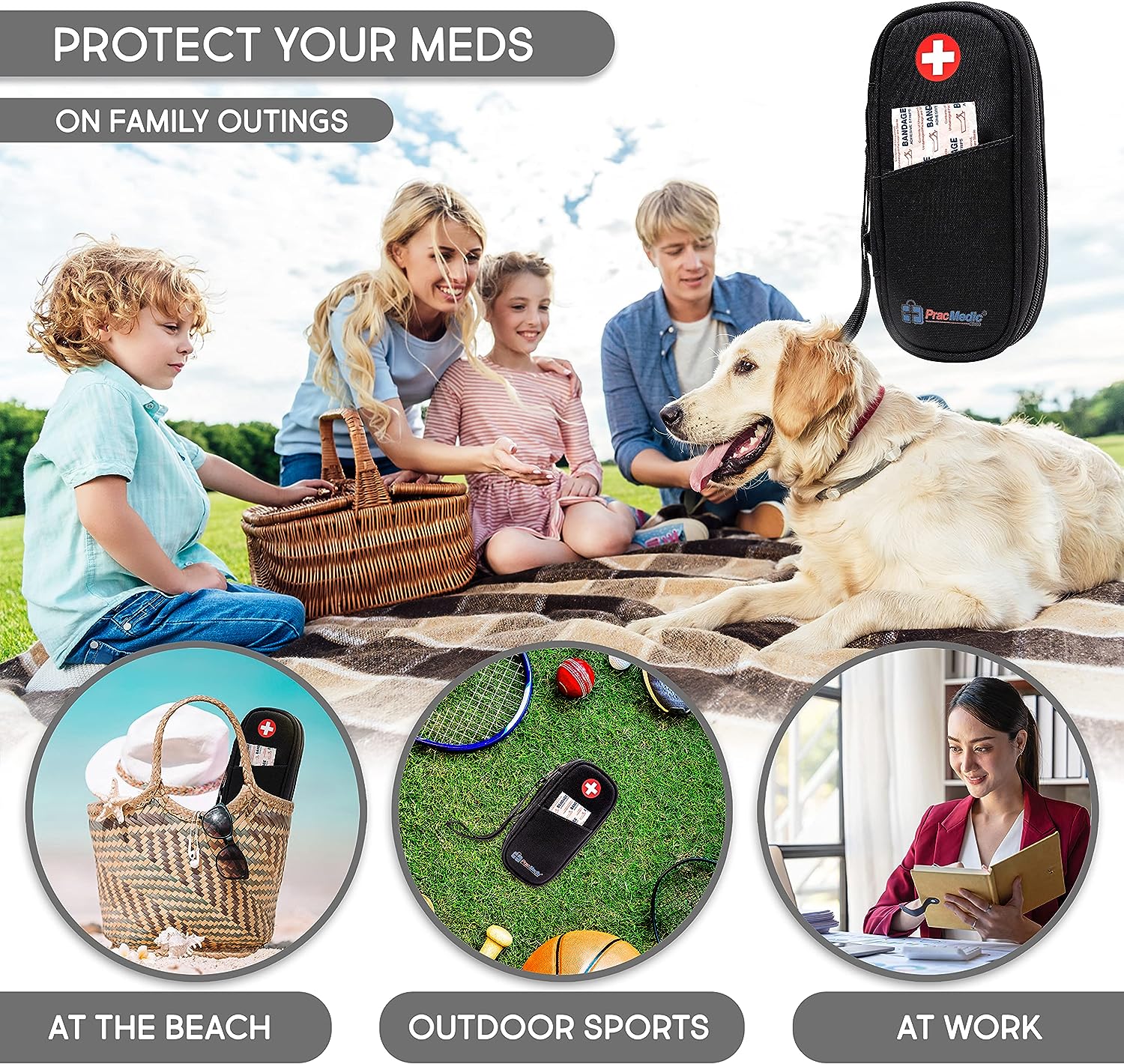 Family enjoying a picnic with a black PracMedic Bags epipen case displayed, showing uses at the beach, during outdoor sports, and at work.