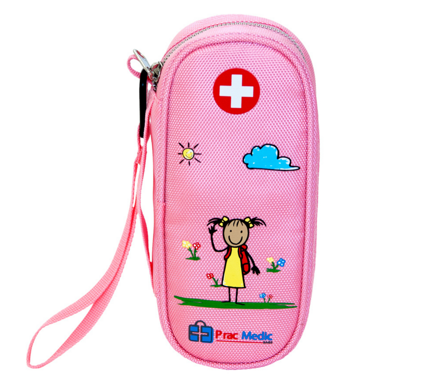 PracMedic Bags pink kids Epipen case with wrist strap, red cross, and cartoon girl design for allergy medications.