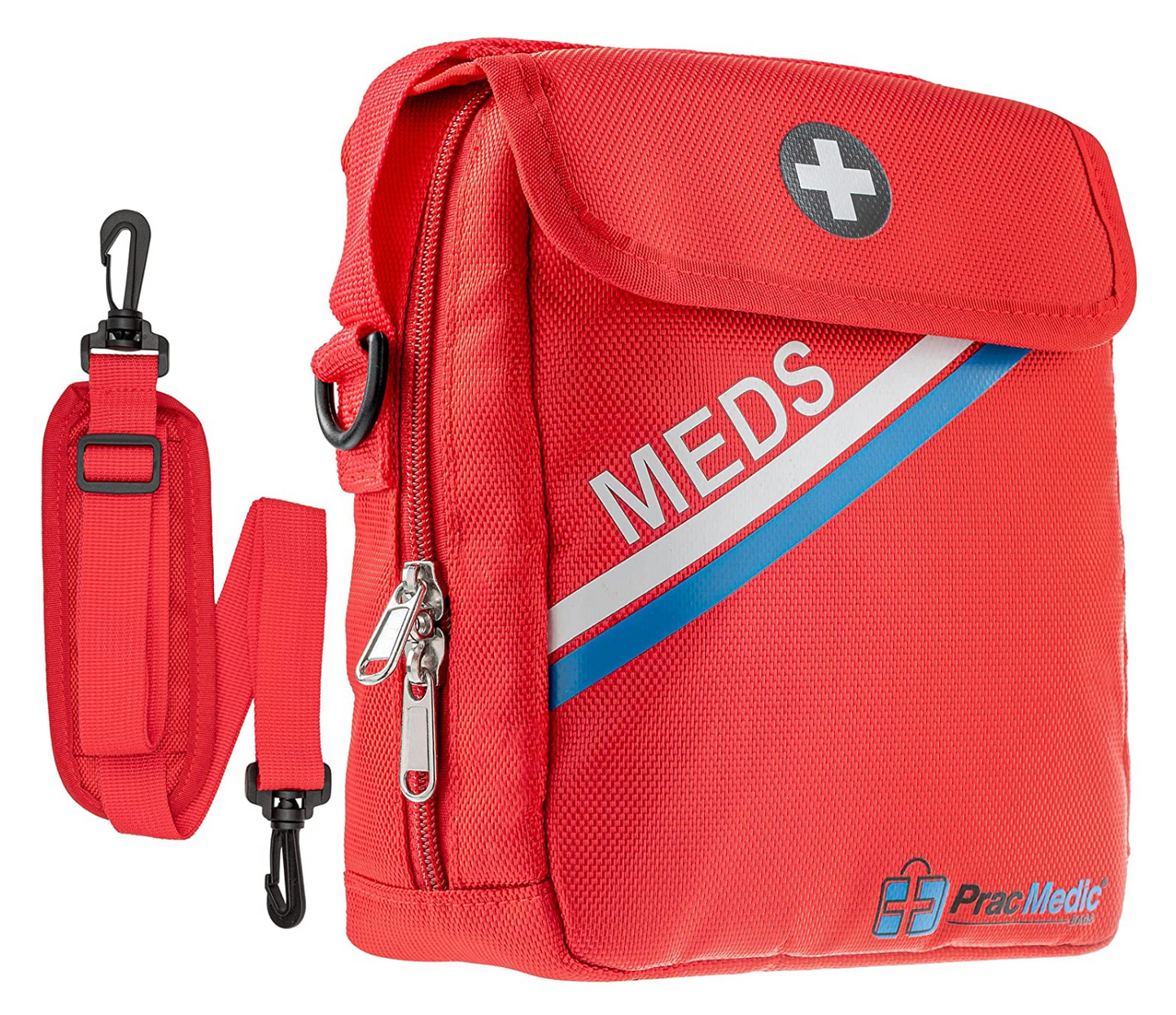 PracMedic Bags red medicine travel bag with “MEDS” label, white cross emblem, multiple zippers, and detachable shoulder strap for emergency supplies.