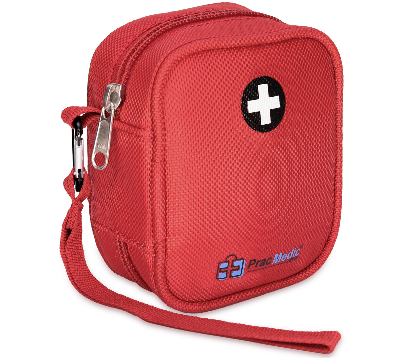 PracMedic Bags red medicine pouch with wrist strap, zipper closure, and white cross emblem for carrying emergency medications.