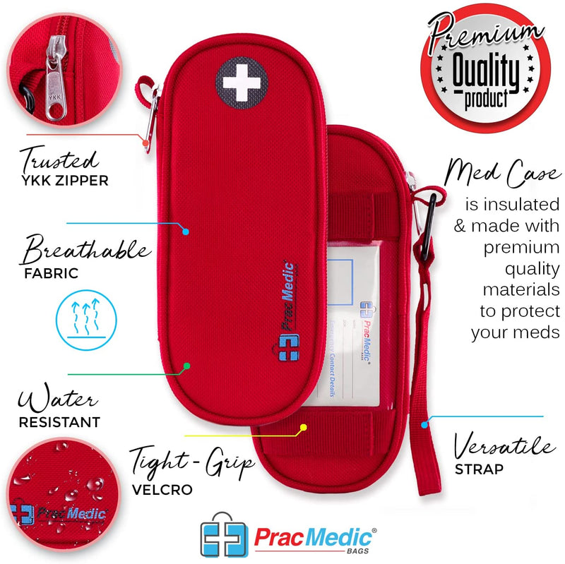 PracMedic Bags Epipen Carry Case- Insulated Compact, holds 2 Epi Pens or Auvi-Q, Inhaler, Nasal Spray, Antihistamine tablets, Immediate Access to Allergy Medicines During Emergency and First Aid (Red)