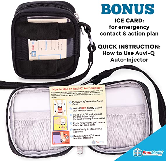 PracMedic Bags black med pouch with bonus ICE emergency contact card and quick instructions for using an Auvi-Q auto-injector – ideal for carrying epinephrine, allergy medication, or asthma supplies