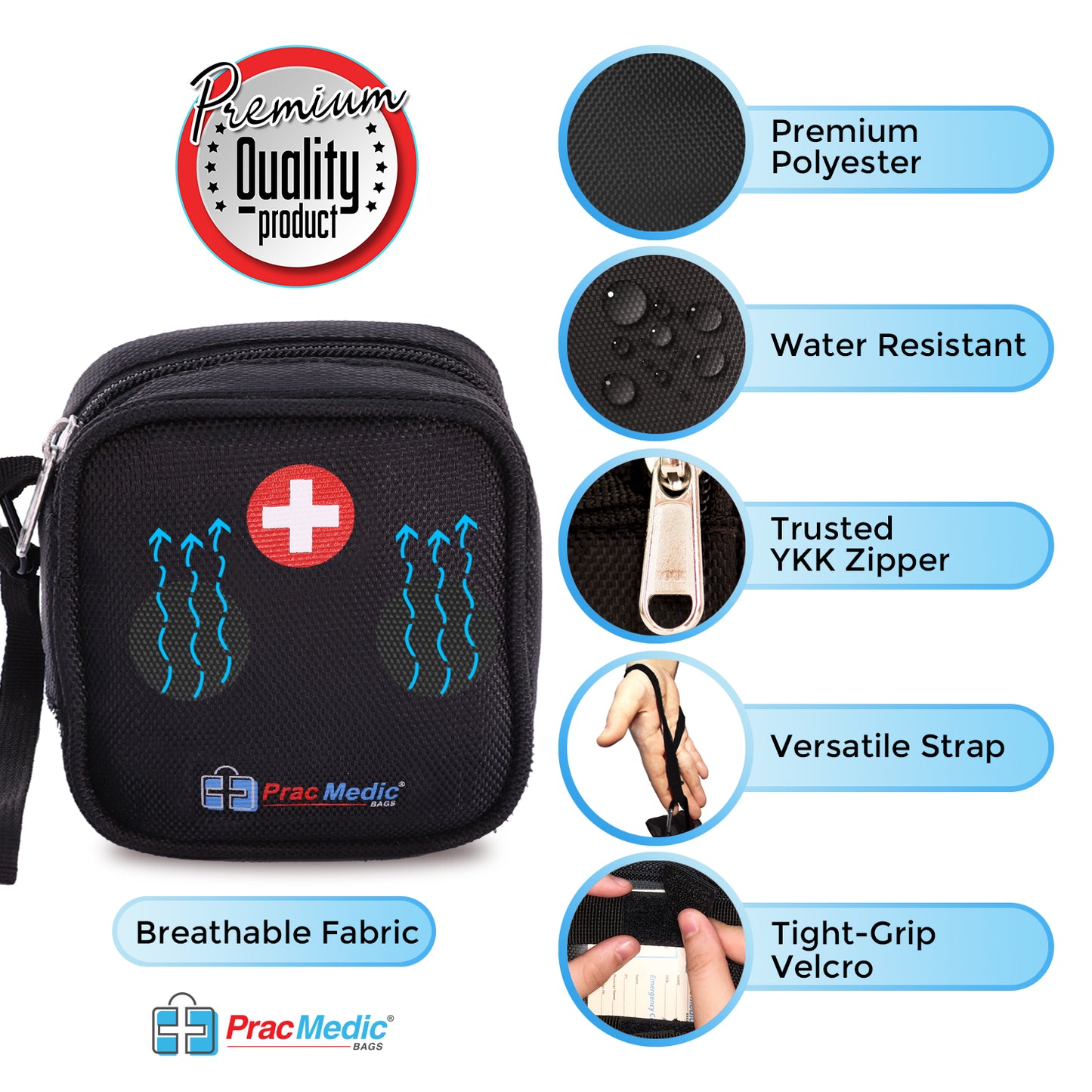 PracMedic Bags black Q-Pouch medicine case with red medical cross symbol, showing features such as premium polyester, water resistance, trusted YKK zipper, versatile strap, breathable fabric, and tight-grip Velcro.