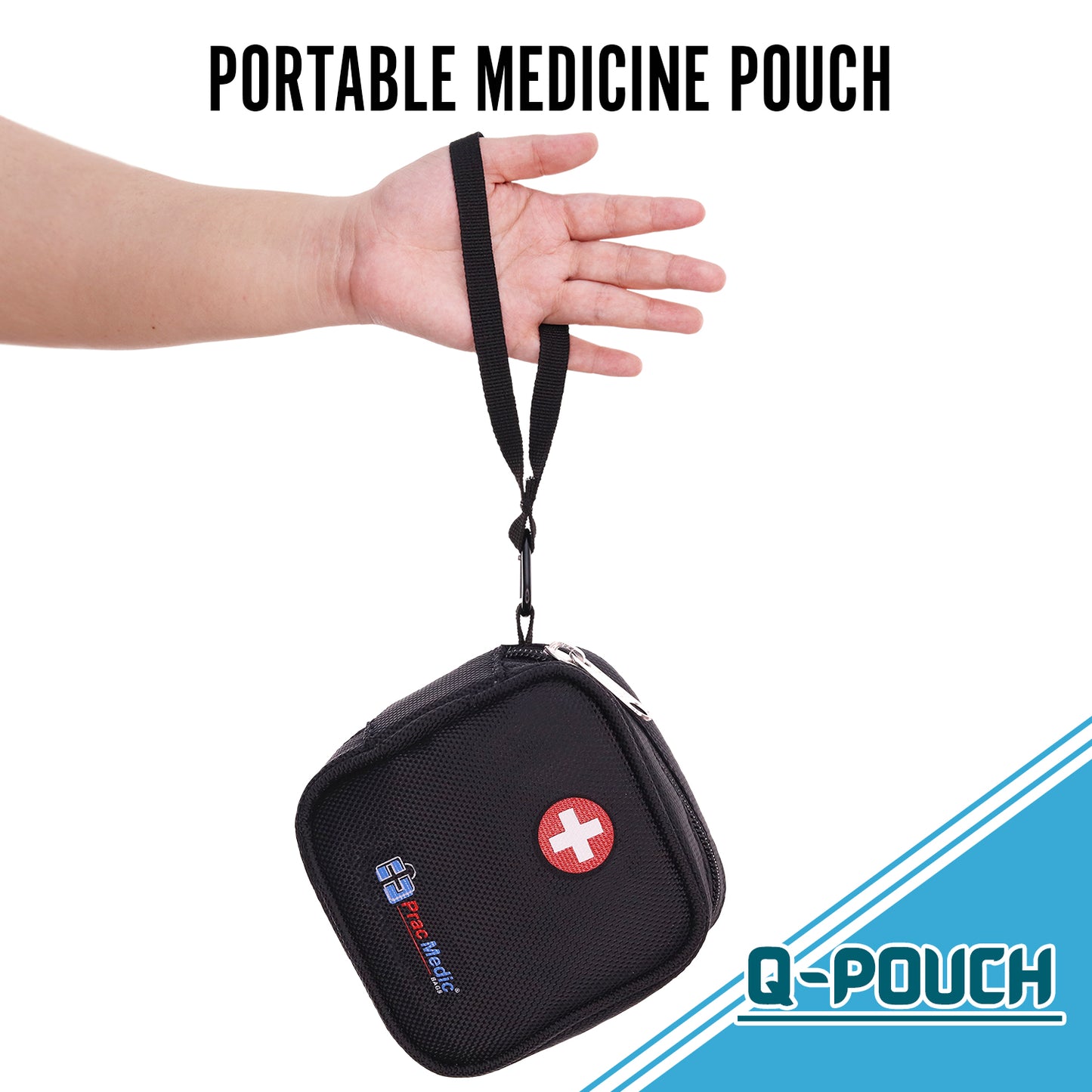 PracMedic Bags black Q-Pouch portable medicine case with red medical cross symbol, shown being held by a wrist strap against a white and blue background.