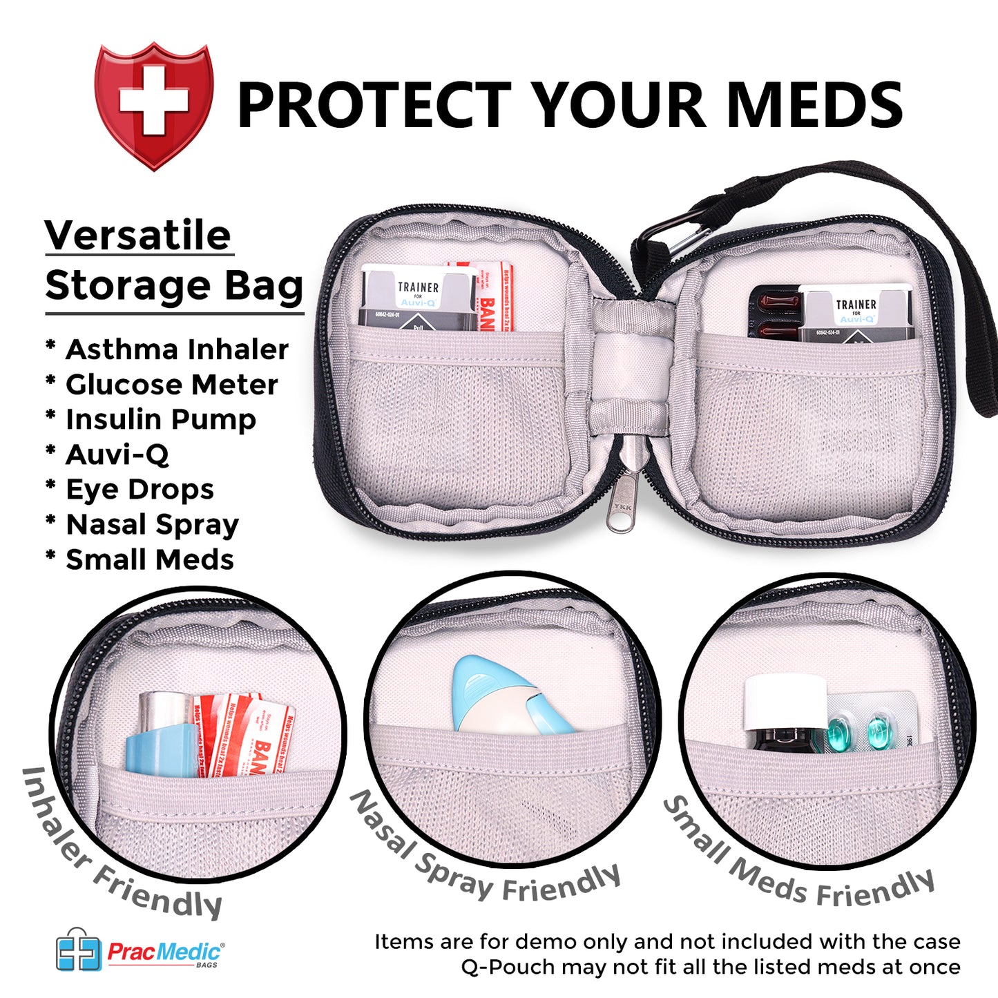 PracMedic Bags black Q-Pouch medicine case shown open with mesh pockets holding demo items such as an asthma inhaler, nasal spray, and small medication bottles; labeled as versatile storage for various emergency medical supplies.