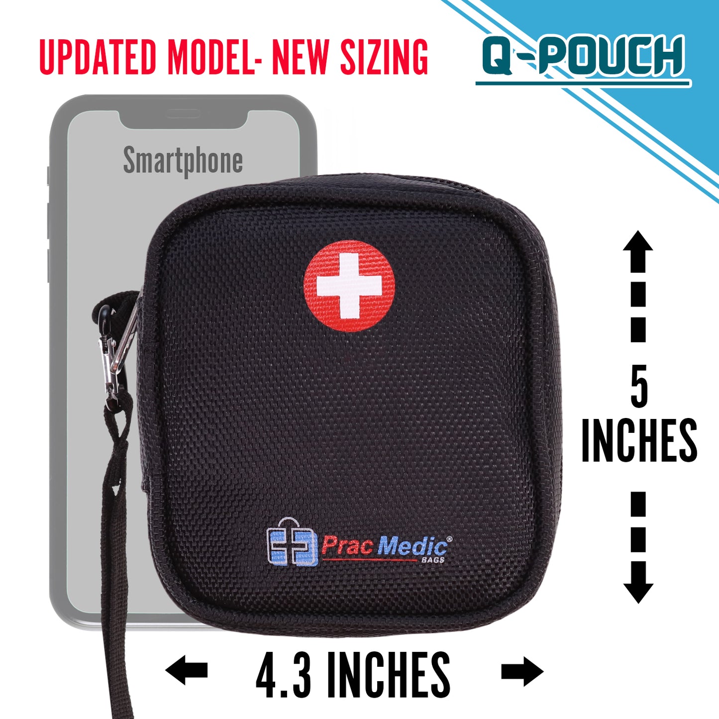 PracMedic Bags Q-Pouch black medicine case with red medical cross symbol, shown with updated dimensions of 4.3 inches wide and 5 inches tall, displayed in front of a smartphone silhouette for scale.