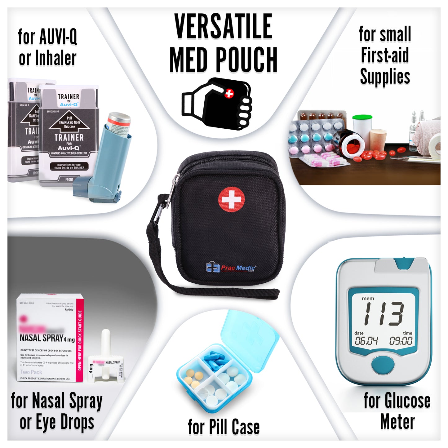 PracMedic Bags black Mini Medic pouch with red medical cross symbol shown with AUVI-Q, inhaler, pill case, nasal spray, glucose meter, and small first aid supplies