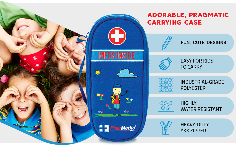 PracMedic Bags EpiPen blue medicine case for kids with cartoon design and 'MEDS INSIDE' label, shown alongside playful children and key features: fun design, easy to carry, water-resistant, industrial-grade polyester, and YKK zipper