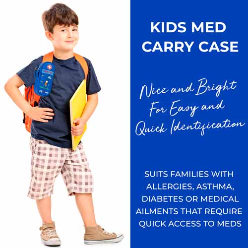 Young boy carrying a blue PracMedic Bags medicine case with 'MEDS INSIDE' label and cartoon design, ideal for school or daycare use — shown next to educational messaging about allergies, asthma, diabetes, and medical access