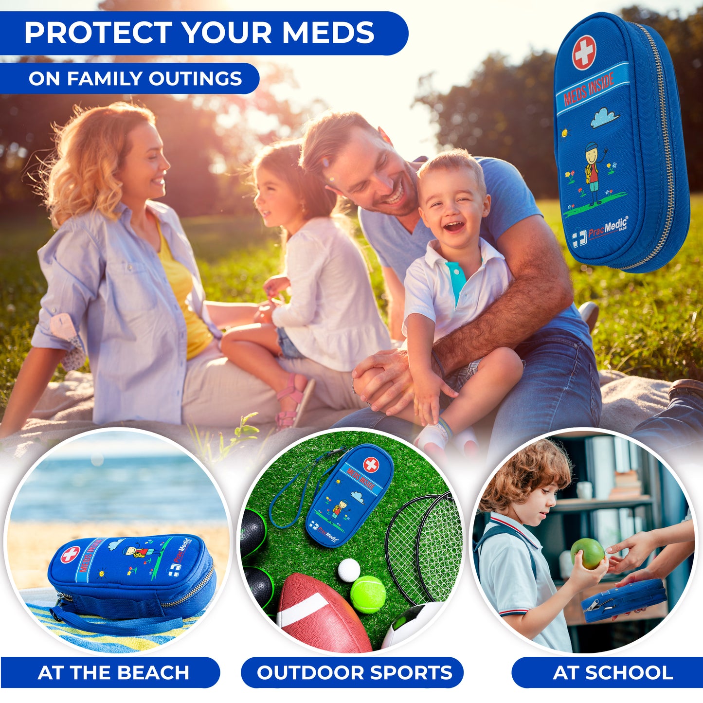 Family enjoying an outdoor picnic with a blue PracMedic Bags kids medicine case prominently displayed; product also shown in use at the beach, during outdoor sports, and at school — ideal for safely carrying EpiPens or other temperature-sensitive meds on family outings