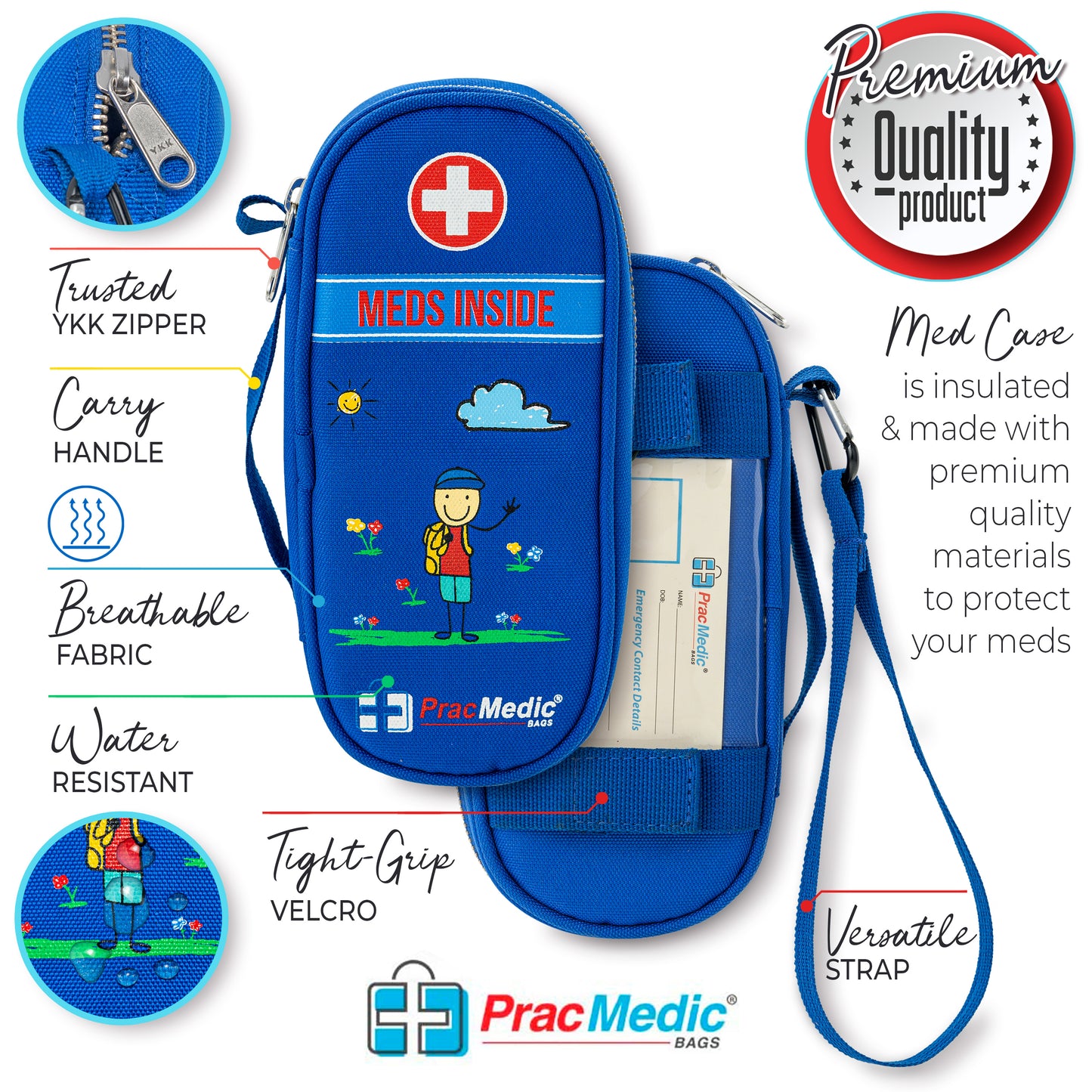 PracMedic Bags blue insulated kids medicine case with cartoon print and 'MEDS INSIDE' label — infographic highlighting premium features like breathable fabric, water resistance, YKK zipper, velcro grip, versatile strap, and carry handle
