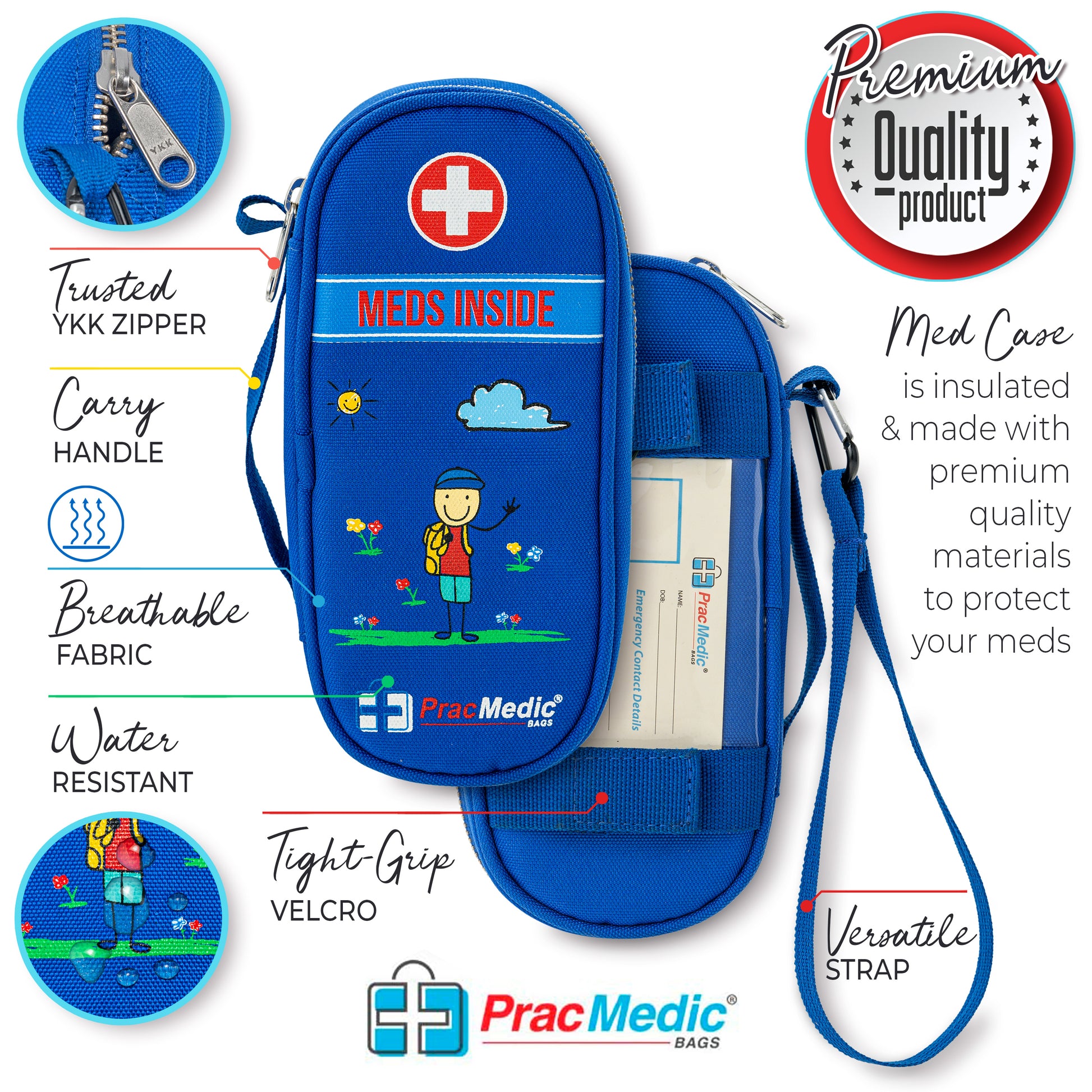 PracMedic Bags blue insulated kids medicine case with cartoon print and 'MEDS INSIDE' label — infographic highlighting premium features like breathable fabric, water resistance, YKK zipper, velcro grip, versatile strap, and carry handle
