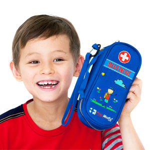 Smiling young boy in red shirt holding a blue PracMedic Bags medicine case for kids, featuring cartoon design and 'MEDS INSIDE' label – ideal for carrying EpiPens or temperature-sensitive medications