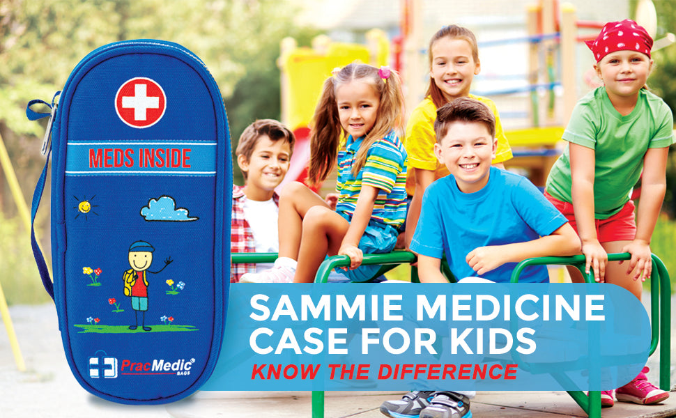 Blue Sammie insulated medicine case for kids by PracMedic Bags shown in a playground setting with happy children in the background – features cartoon design, red medical cross, and 'MEDS INSIDE' label, ideal for child medication storage