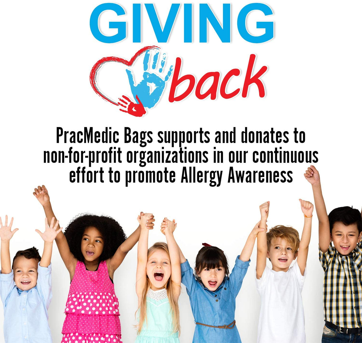 PracMedic Bags giving back banner showing group of happy diverse children with raised hands, promoting allergy awareness and the brand’s donations to non-profits supporting children with severe allergies