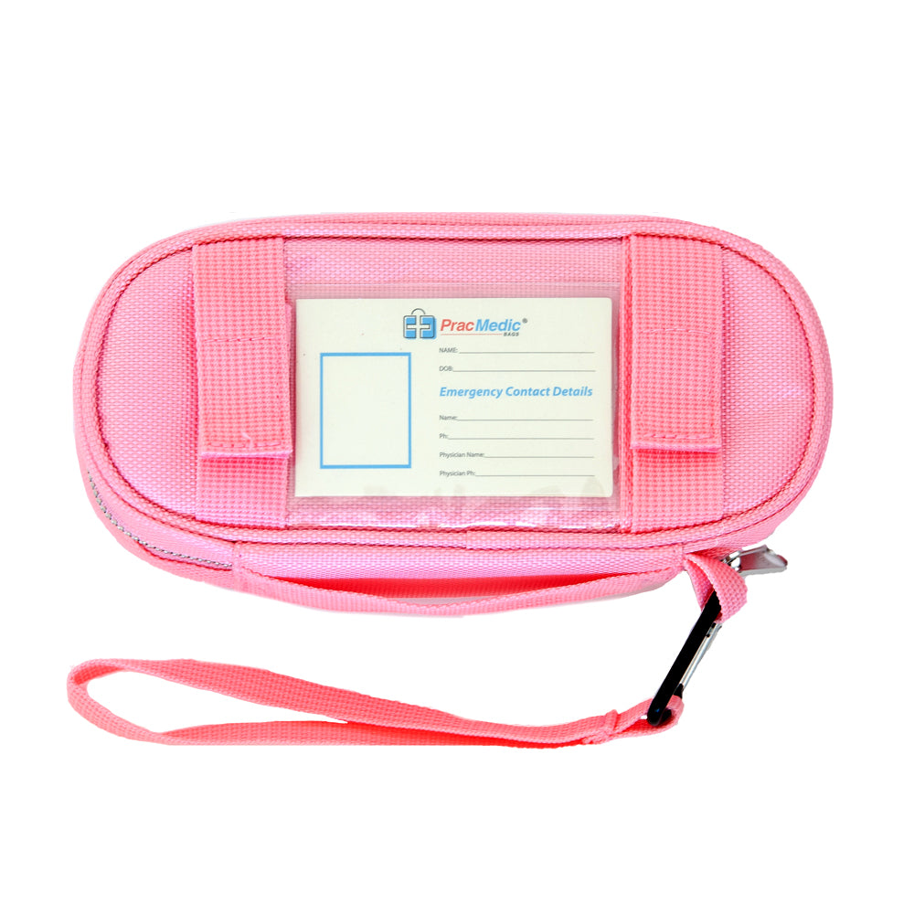 PracMedic Bags pink EpiPen medicine case with wrist strap, carabiner clip, and visible emergency contact ID card slot for quick identification