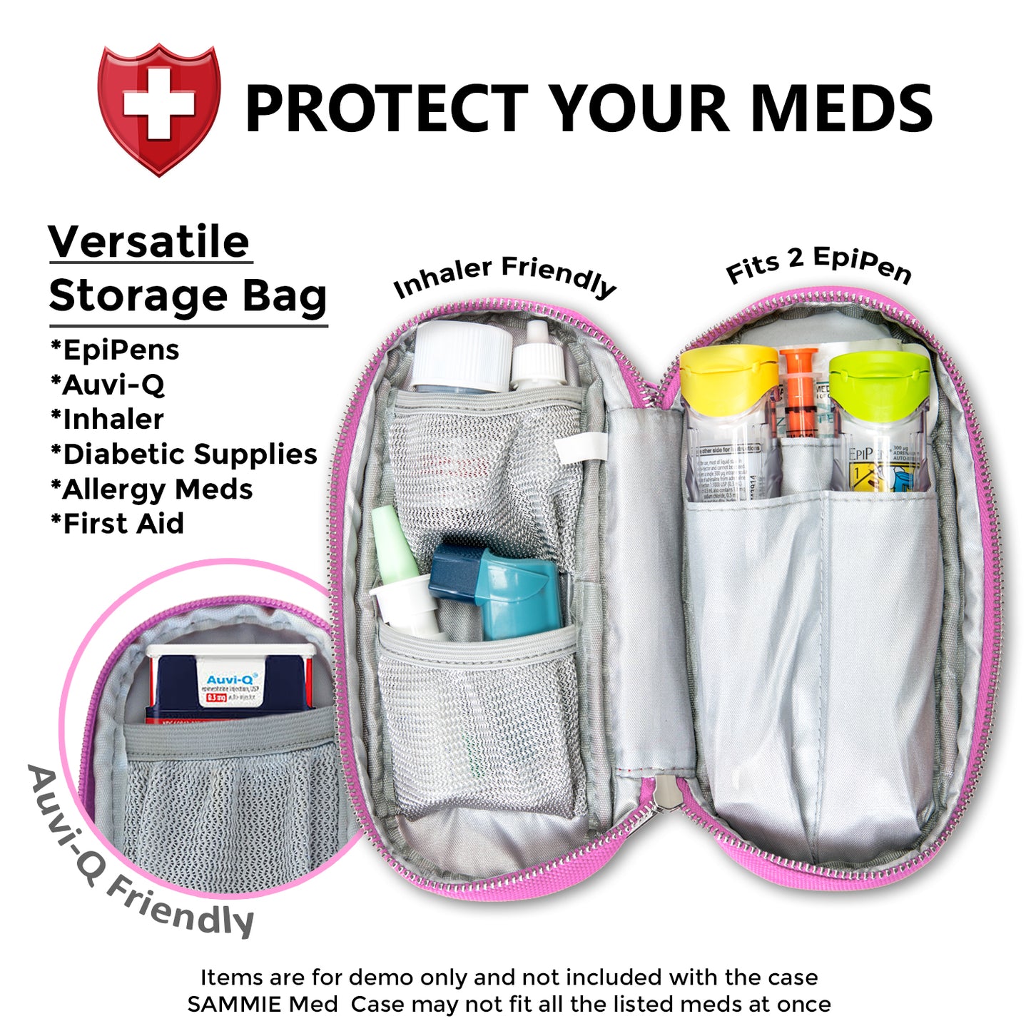 Open PracMedic Bags Sammie pink kids EpiPen medicine case with compartments for two EpiPens, Auvi-Q, inhaler, diabetic supplies, allergy medication, and small first aid items