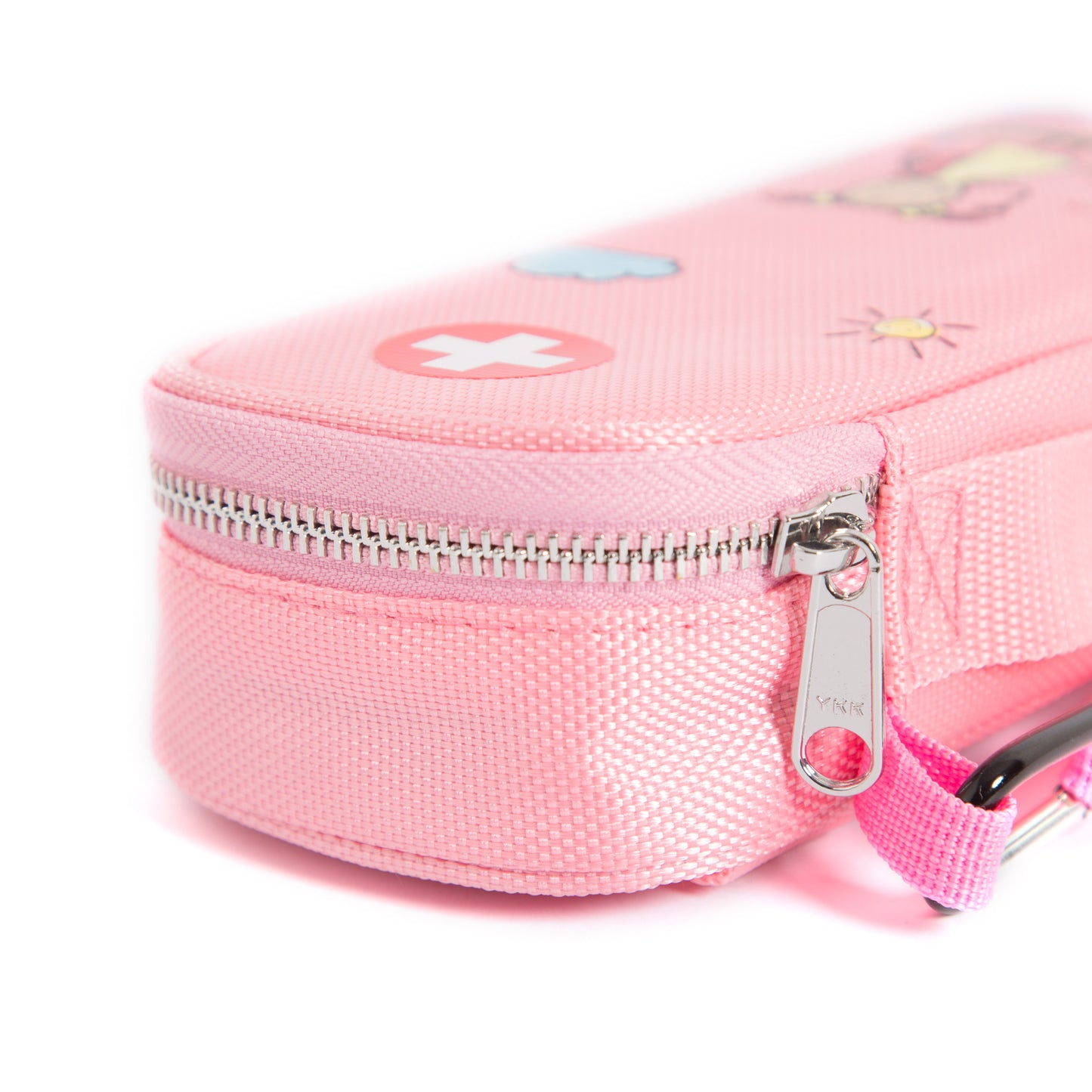 Close-up of PracMedic Bags pink medicine case showing durable YKK zipper and sturdy fabric for secure medication storage