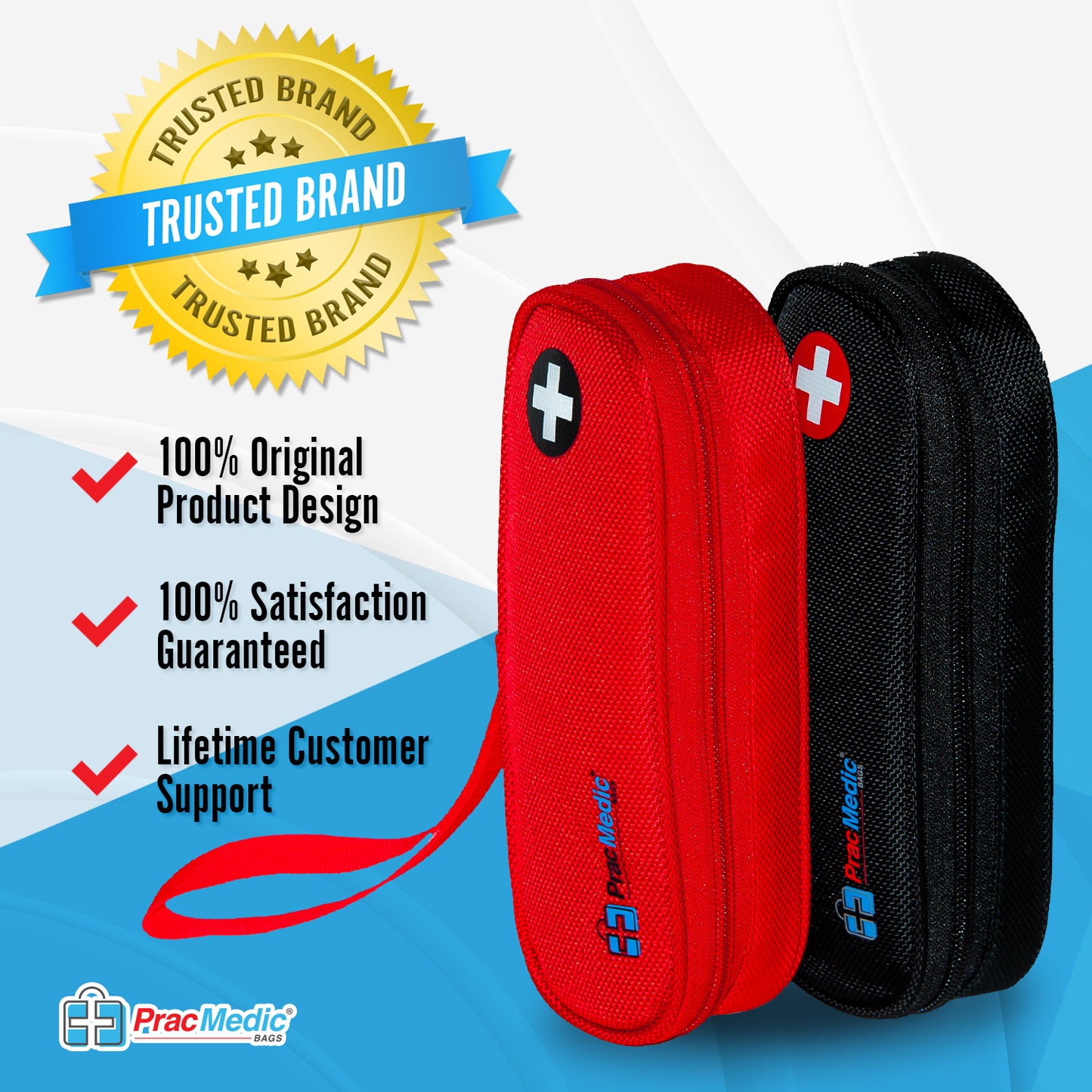 Red insulated medicine case with a black medical cross symbol and a blue tag labeled "INSULATED" – designed for storing temperature-sensitive medications like epinephrine or insulin.