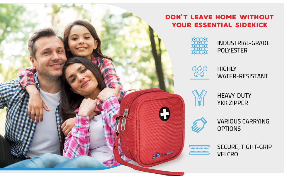 Family sitting outdoors with a PracMedic Bags red Q Pouch in the foreground, featuring a white medical cross symbol and wrist strap, with text highlighting its water-resistant polyester, heavy-duty zipper, multiple carrying options, and secure Velcro closure.