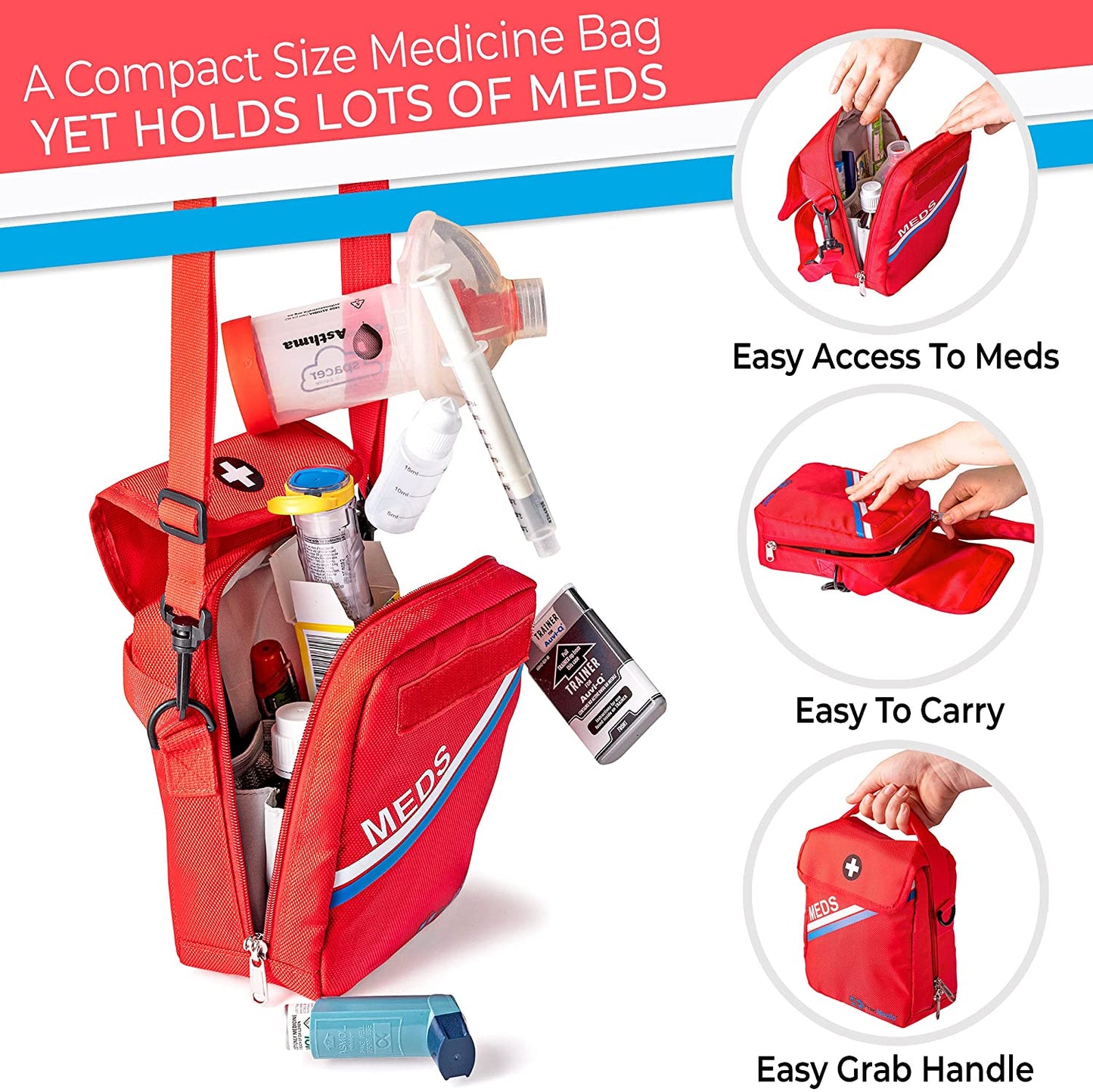 PracMedic Bags red medical travel bag with MEDS flap and cross symbol, shown open to display large storage capacity for EpiPens, inhalers, and first aid supplies – features easy access design, shoulder strap, and grab handle
