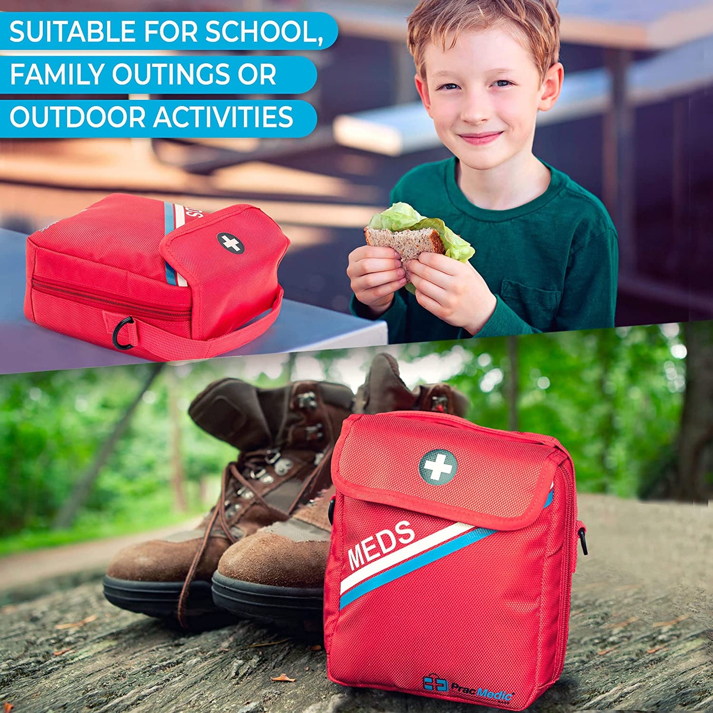 PracMedic Bags red medical travel bag with MEDS flap and cross symbol, shown in use by children and next to hiking boots – ideal for school, outdoor activities, or family outings to store EpiPens, inhalers, and first aid supplies