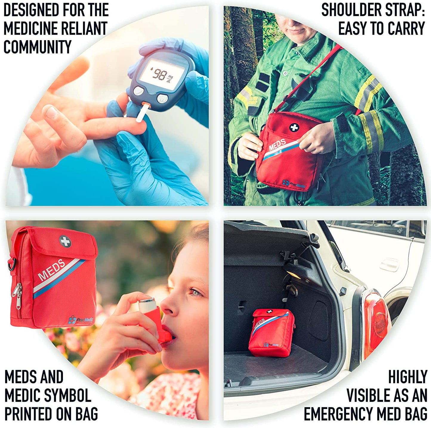 PracMedic Bags red medical travel bag with MEDS flap and cross symbol, shown in multiple scenarios including firefighter carrying it, child using inhaler, and in car trunk – ideal for emergency medication storage with shoulder strap for easy carrying