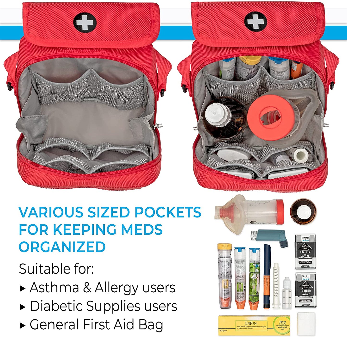 PracMedic Bags red medicine travel bag with multiple organizer pockets, shown open and filled with emergency medications, inhalers, EpiPens, diabetic supplies, and first aid items