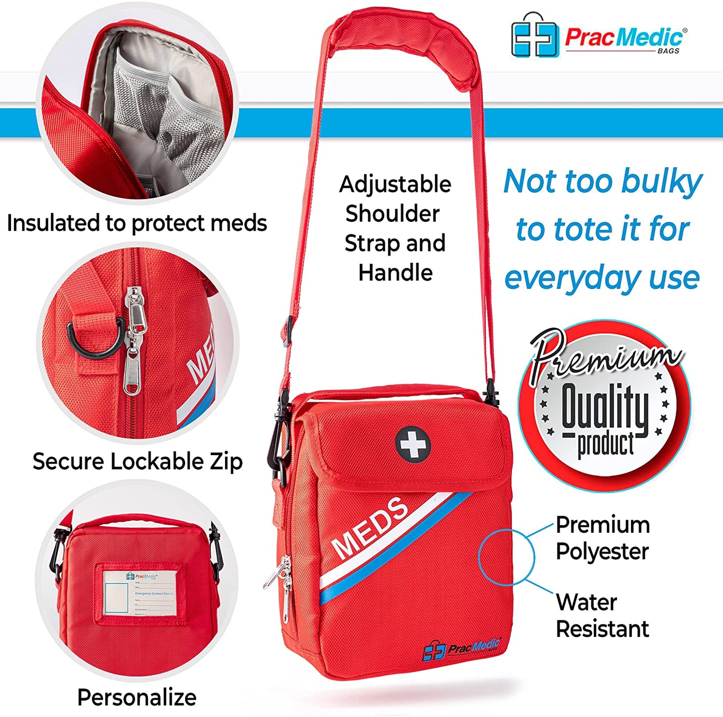 PracMedic Bags red medicine travel bag with adjustable shoulder strap, insulated compartments, secure lockable zip, and water-resistant premium polyester design