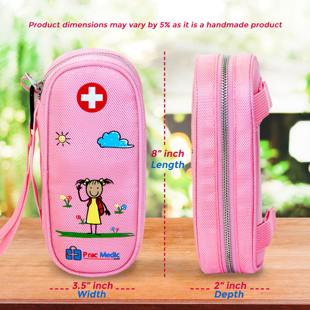 PracMedic Bags Sammie pink EpiPen medicine case for girls and kids with red medical cross symbol, cartoon design, and dimensions labeled 8 inches length, 3.5 inches width, 2 inches depth
