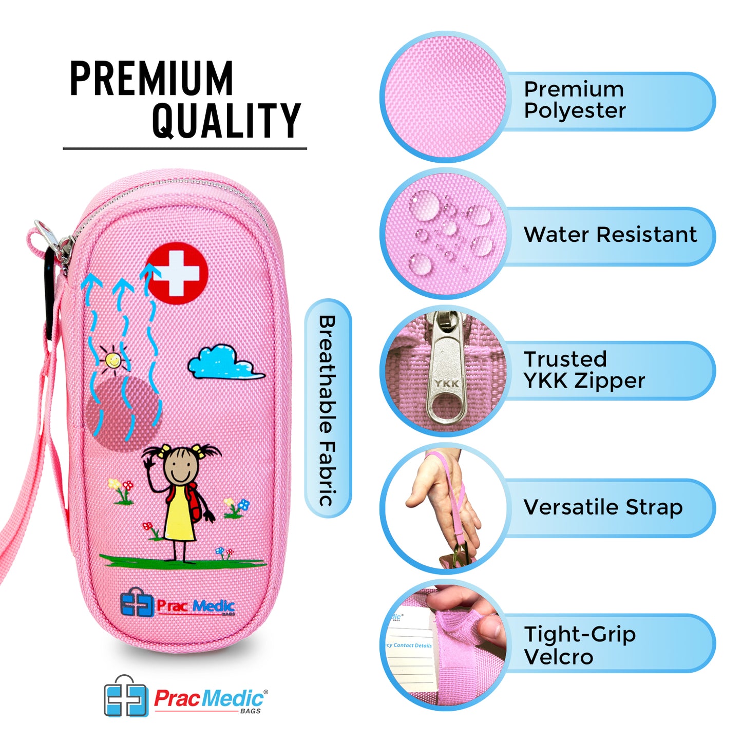PracMedic Bags Sammie pink EpiPen case with cartoon design, showing premium polyester, water-resistant fabric, trusted YKK zipper, breathable fabric, versatile strap, and tight-grip Velcro