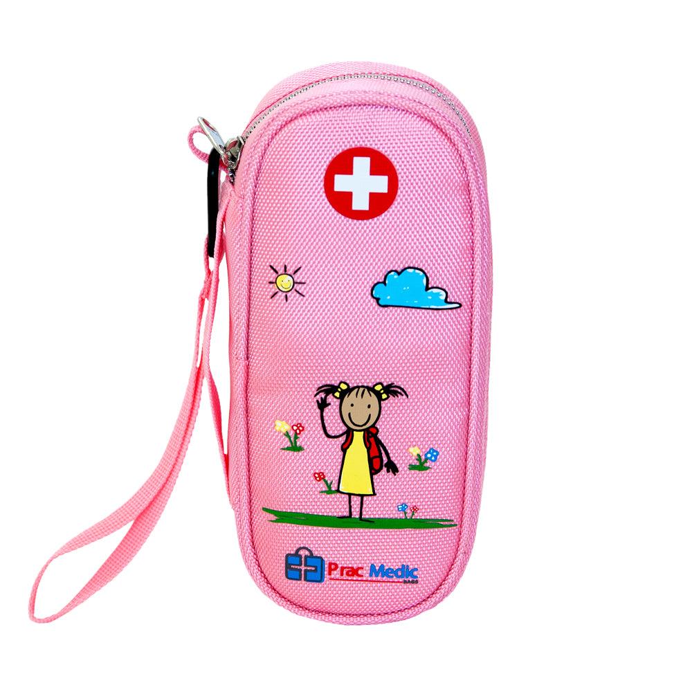 PracMedic Bags pink insulated medicine case for girls, featuring cartoon artwork, red medical cross, and wrist strap — designed for carrying EpiPens, inhalers, or allergy meds