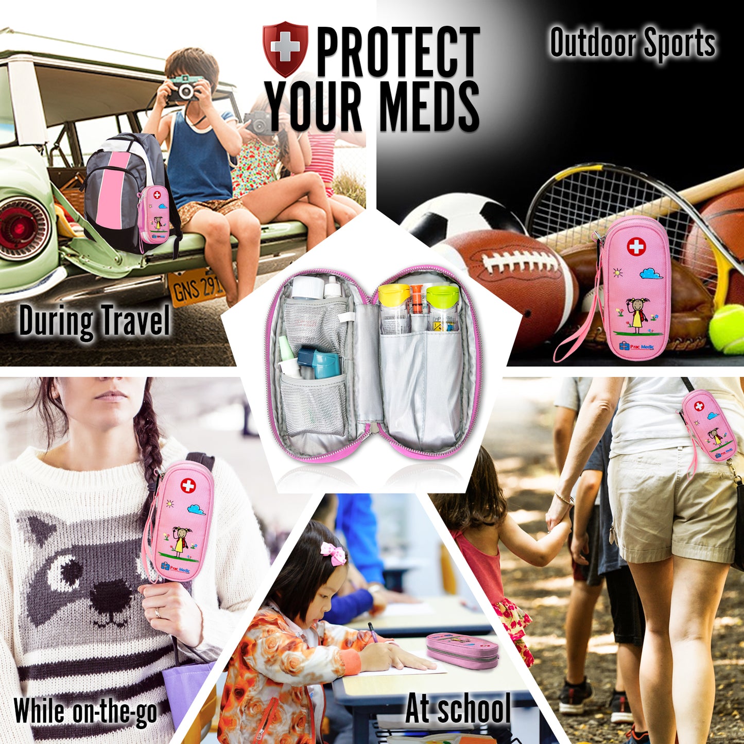 PracMedic Bags Sammie pink medicine case with red medical cross symbol shown in multiple settings including travel, outdoor sports, school, and daily on-the-go use for carrying EpiPens and allergy medication