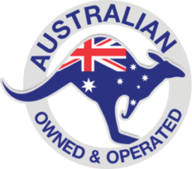 Circular Australian Owned and Operated logo featuring a kangaroo silhouette overlaid with the Australian flag.