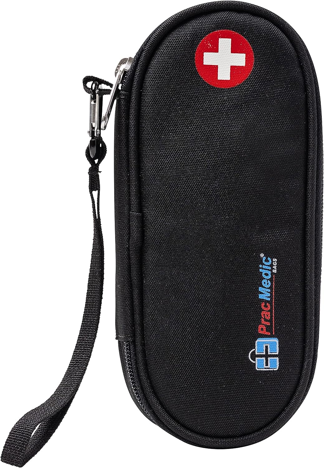 PracMedic Bags compact black EpiPen case with wrist strap, zipper closure, and red medical cross symbol — designed for carrying epinephrine, inhalers, or emergency medications securely for daily or travel use.