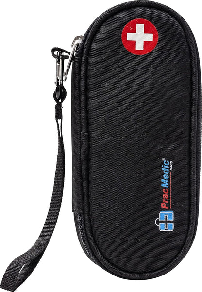 PracMedic Bags compact black EpiPen case with wrist strap, zipper closure, and red medical cross symbol — designed for carrying epinephrine, inhalers, or emergency medications securely for daily or travel use.