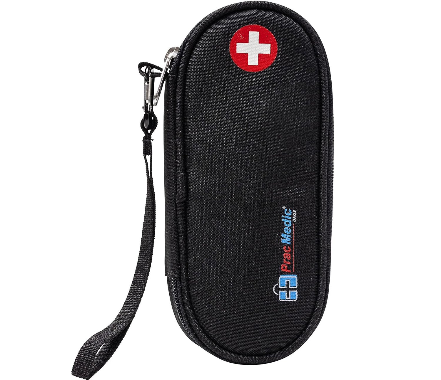 PracMedic Bags black Epipen case with wrist strap, zipper, and red medical cross for secure medication storage.
