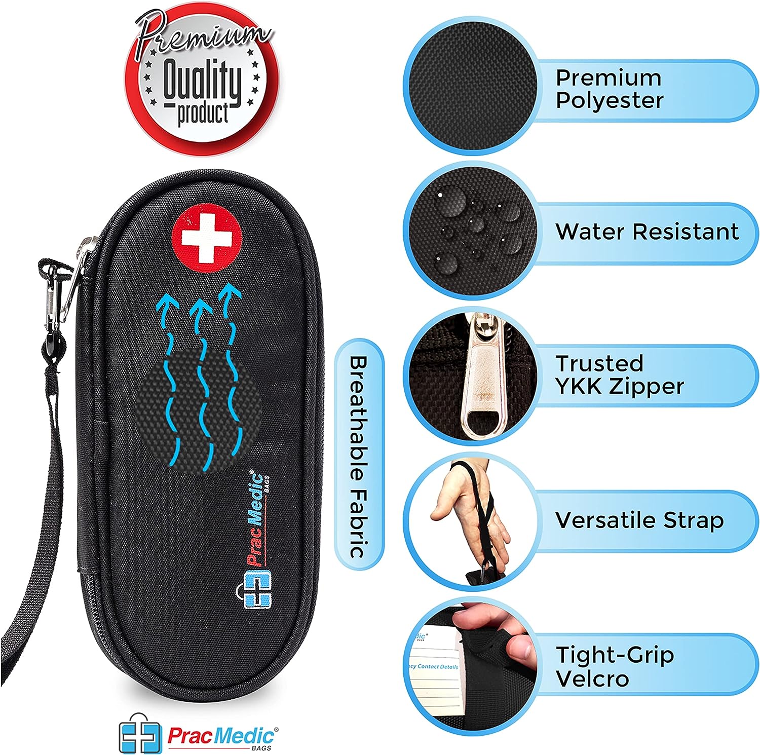 PracMedic Bags black EpiPen case with wrist strap, breathable water-resistant polyester, YKK zipper, versatile strap, and tight-grip Velcro — ideal for carrying epinephrine, inhalers, or emergency medications securely.