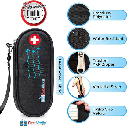 PracMedic Bags black EpiPen case with wrist strap, breathable water-resistant polyester, YKK zipper, versatile strap, and tight-grip Velcro — ideal for carrying epinephrine, inhalers, or emergency medications securely.