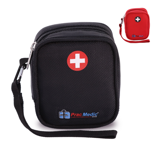 PracMedic Bags black medicine pouch with wrist strap and red medical cross emblem, shown with a smaller red case variant.