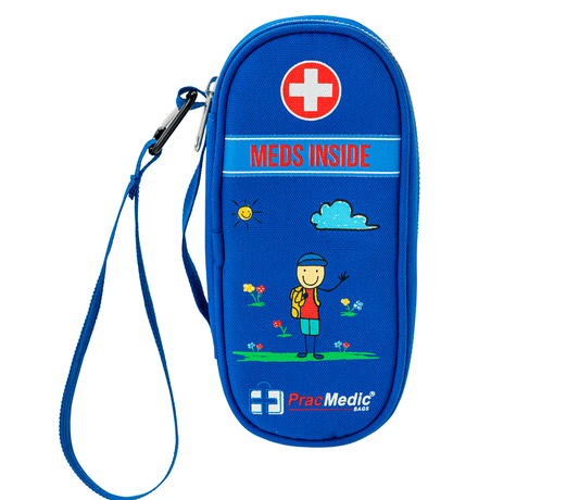 PracMedic Bags blue kids EpiPen carrying case with wrist strap, red cross emblem, and playful cartoon boy design, designed for carrying children’s allergy and emergency medications.