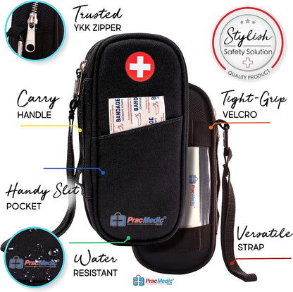 PracMedic Bags black epipen case with carry handle, handy slit pocket, tight-grip Velcro, versatile strap, water-resistant fabric, and trusted YKK zipper.
