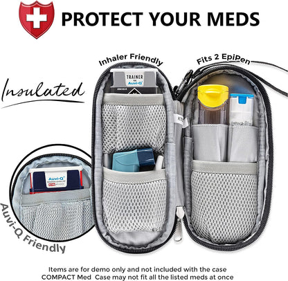 PracMedic Bags insulated black medicine case with mesh pockets, fits two EpiPens, inhalers, or Auvi-Q injectors — protective, travel-friendly storage for emergency medications.