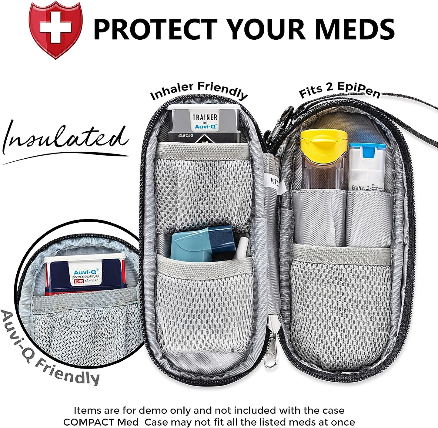 PracMedic Bags insulated black medical case with mesh pockets, designed to fit two EpiPens, inhalers, or Auvi-Q injectors — protective, travel-friendly storage for emergency medications (items shown for demo only).
