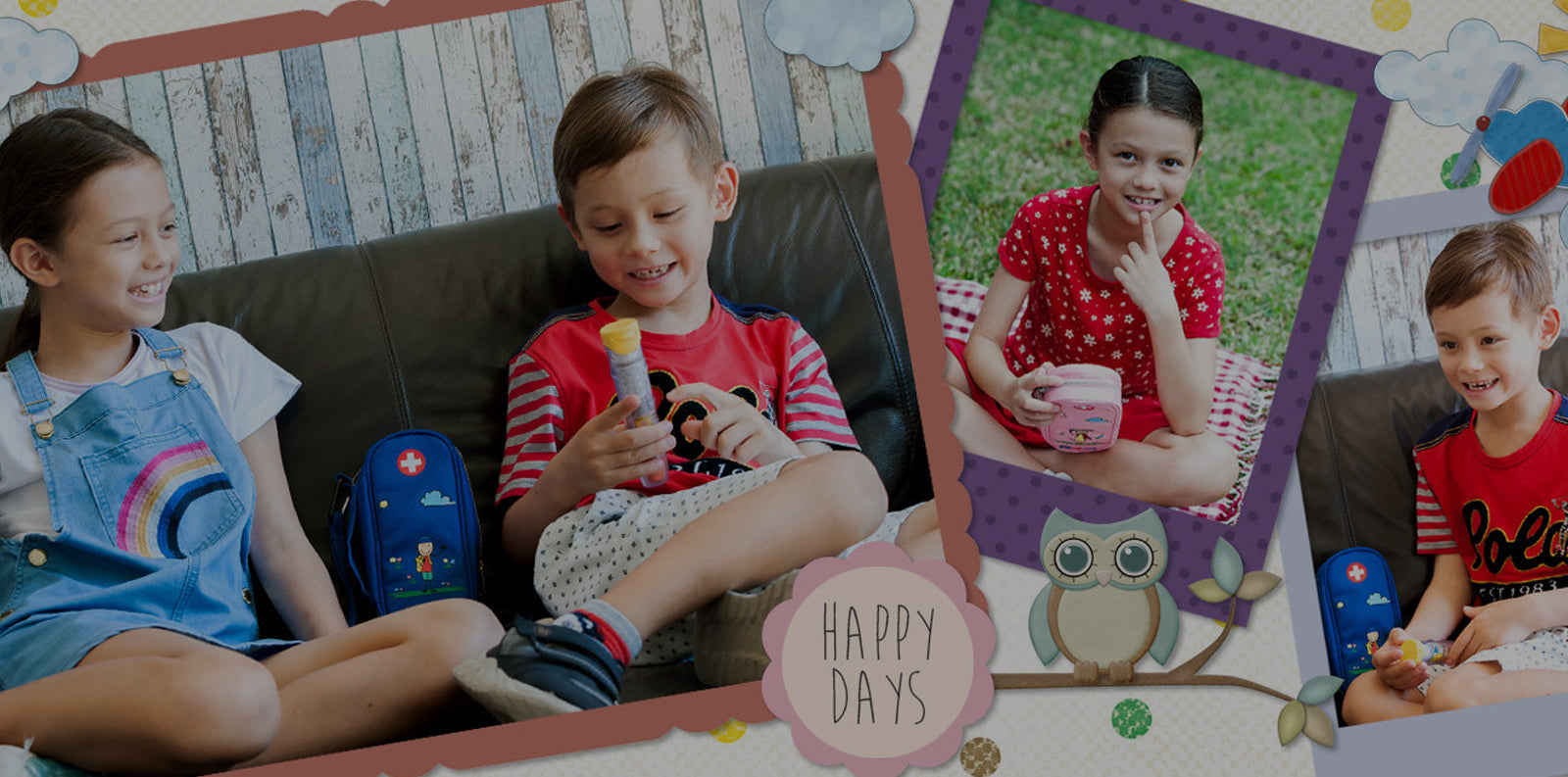 Collage of children holding PracMedic Bags kids’ EpiPen cases in playful pink and blue designs, with cartoon graphics and “Happy Days” text, promoting safe allergy medication storage for kids.
